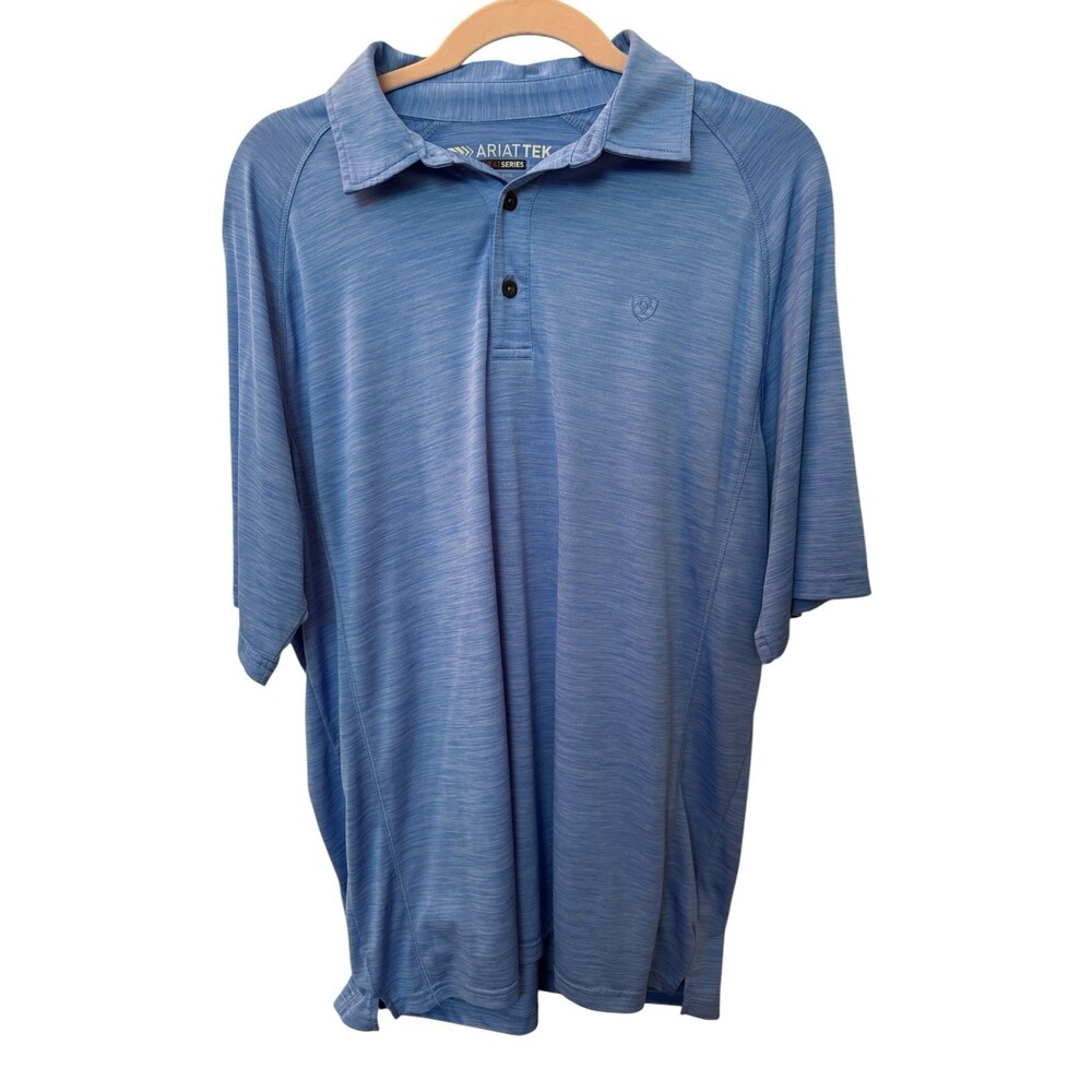 ARIAT Tek Heat Series Mens Large Polo Shirt Heathered Blue Performance Stretch